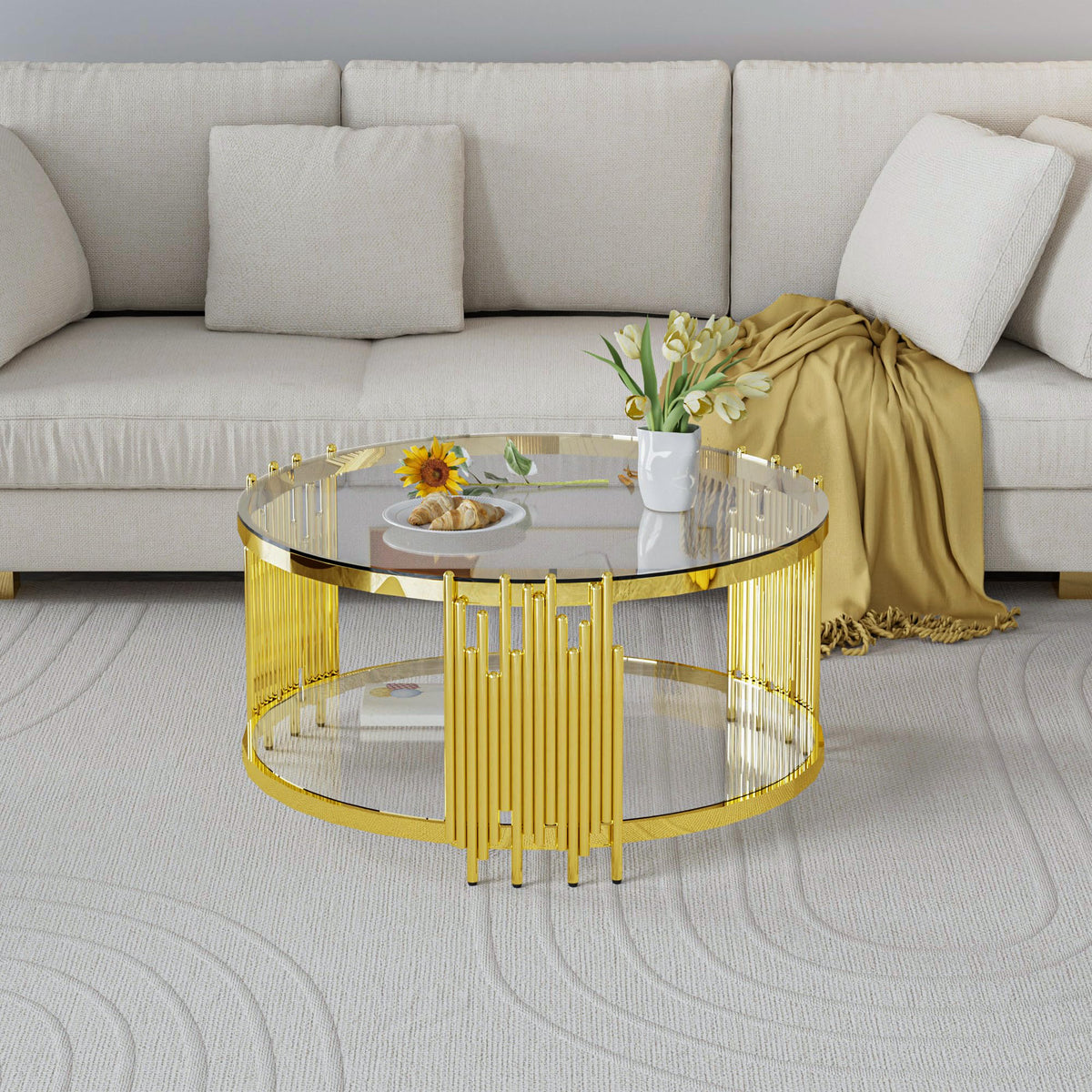 Sybrioka Luxury Gold Round Glass Coffee Table with Irregular Base