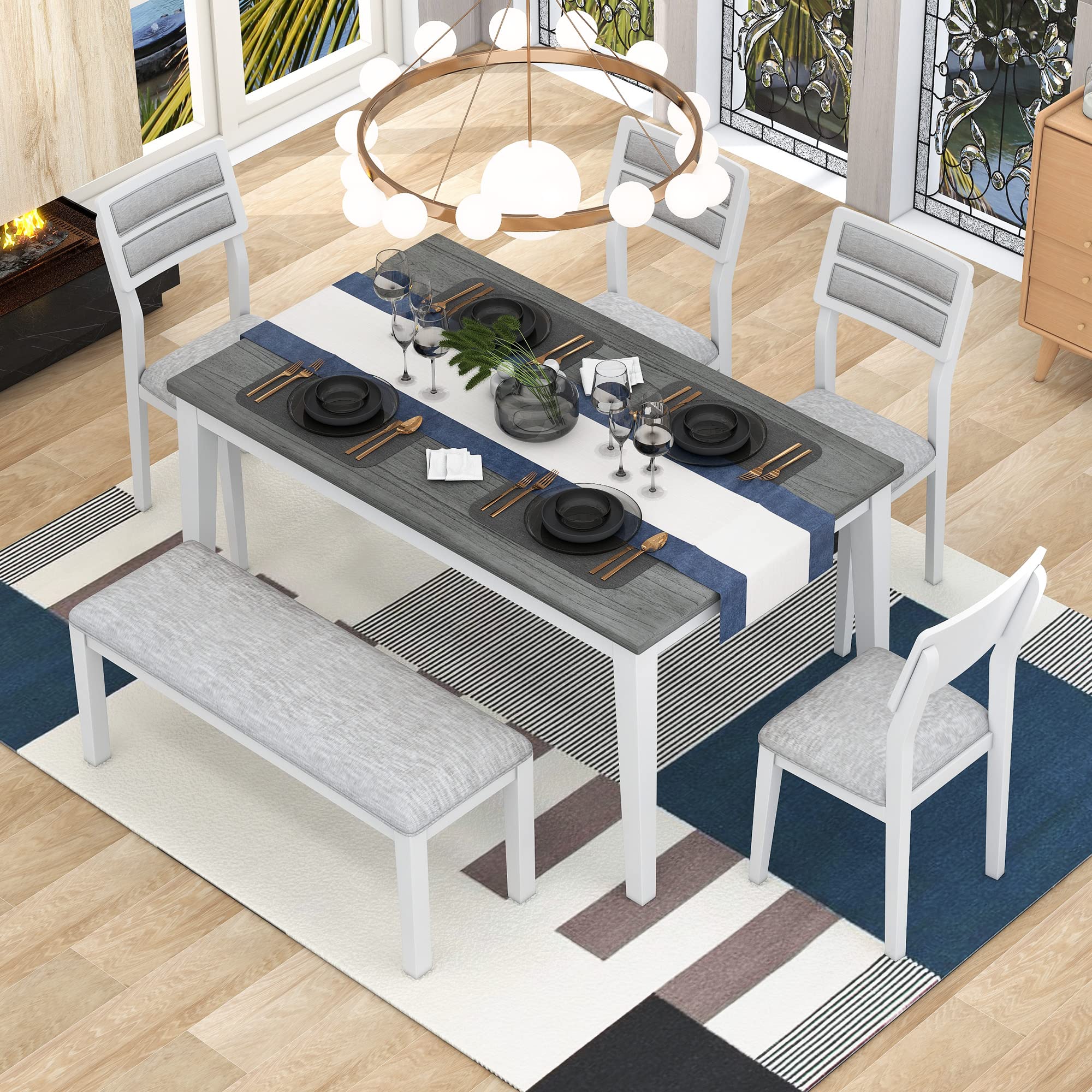 XD Designs 6-Piece Farmhouse Dining Set with Bench & Chairs