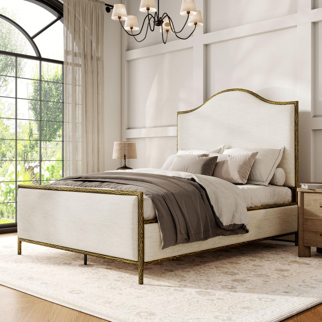 24/7 Shop at Home Lalia Hammered Metal Upholstered Bed with Beige Fabric Headboard, Forged Steel Frame, Foundation Required