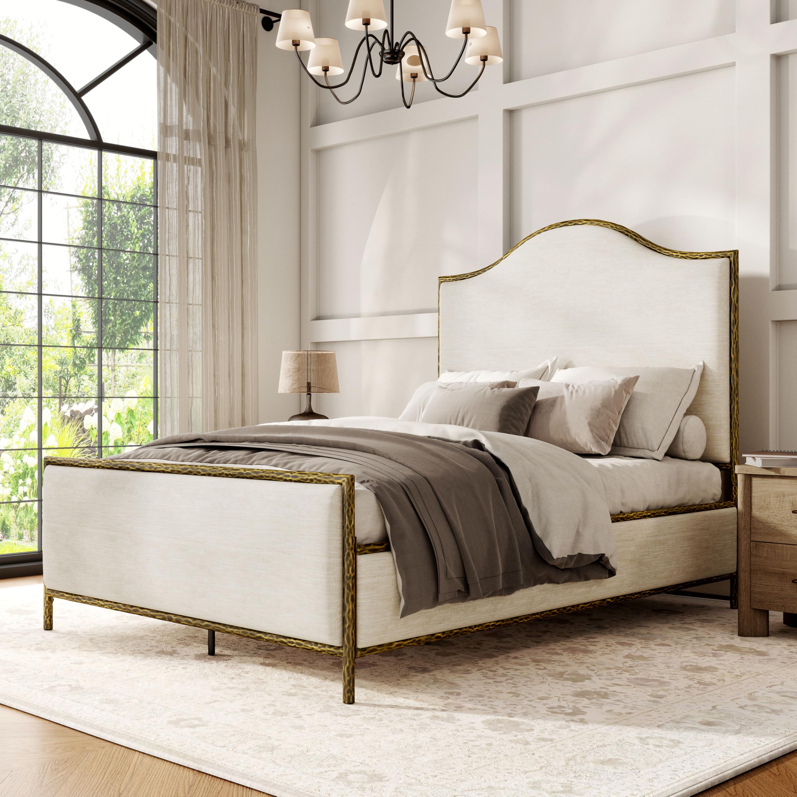 24/7 Shop at Home Lalia Hammered Metal Upholstered Bed with Beige Fabric Headboard, Forged Steel Frame, Foundation Required