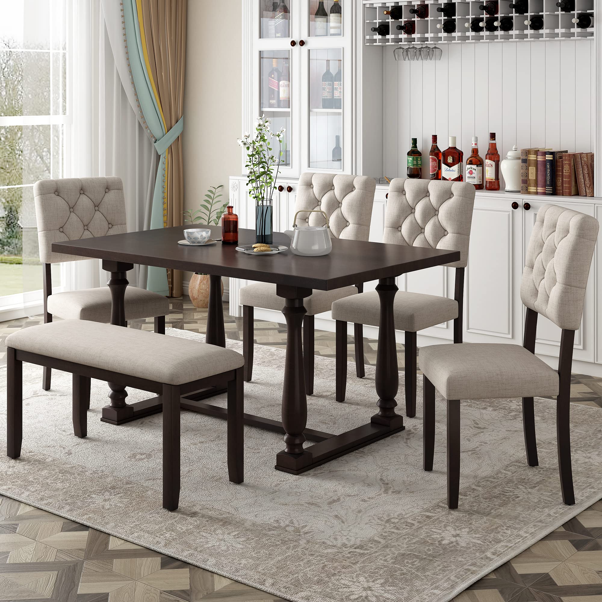 XD Designs 6-Piece Farmhouse Dining Set with Bench & Chairs