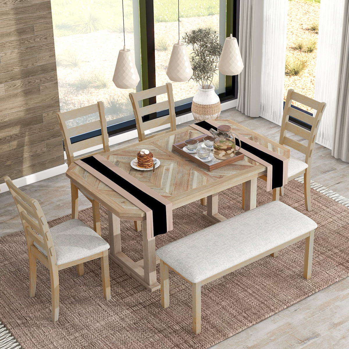 XD Designs 6-Piece Farmhouse Dining Set with Bench & Chairs