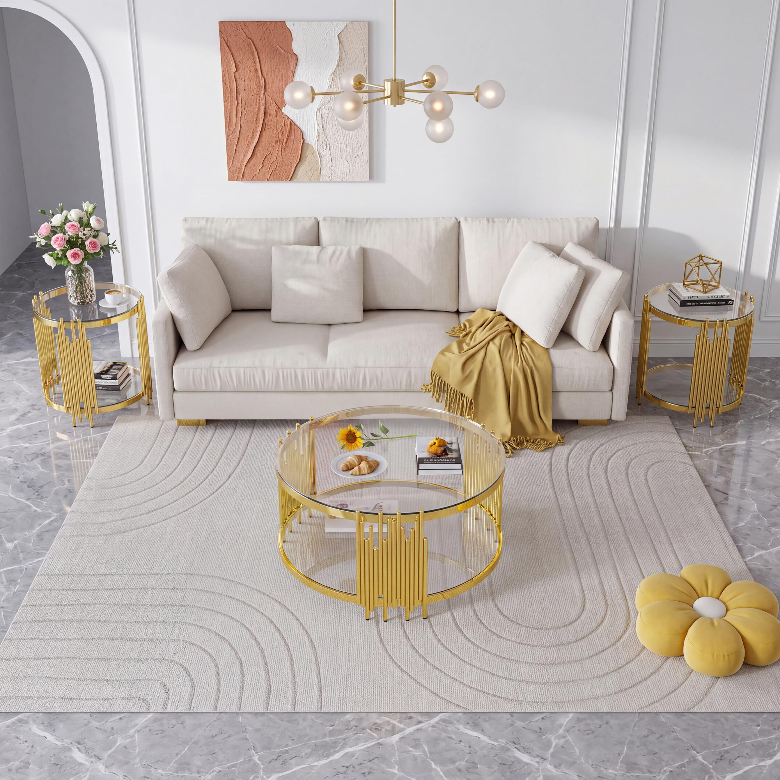 Sybrioka Luxury Gold Round Glass Coffee Table with Irregular Base
