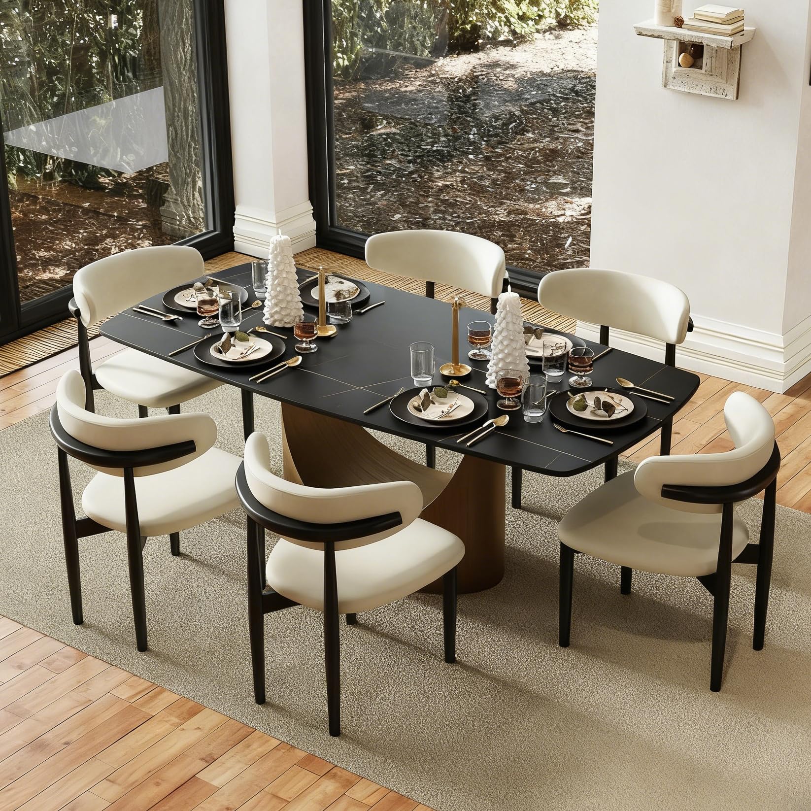 POVISON Modern Dining Table Marble White Black Bronze for Dining Room Kitchen