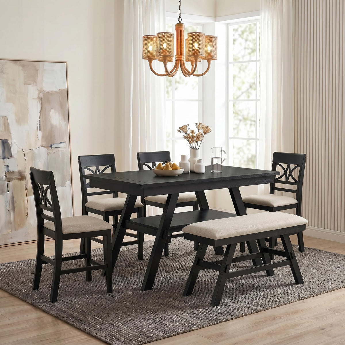 XD Designs 6-Piece Farmhouse Dining Set with Bench & Chairs