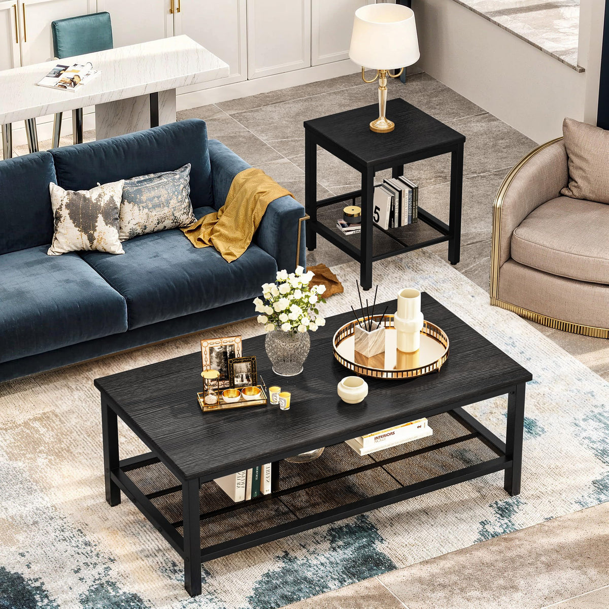 Lamerge 3 Pieces Living Room Table Set, Industrial Coffee Table with 2 Square End Side Tables, Coffee Table Set with Metal Frame for Apartment Home Office