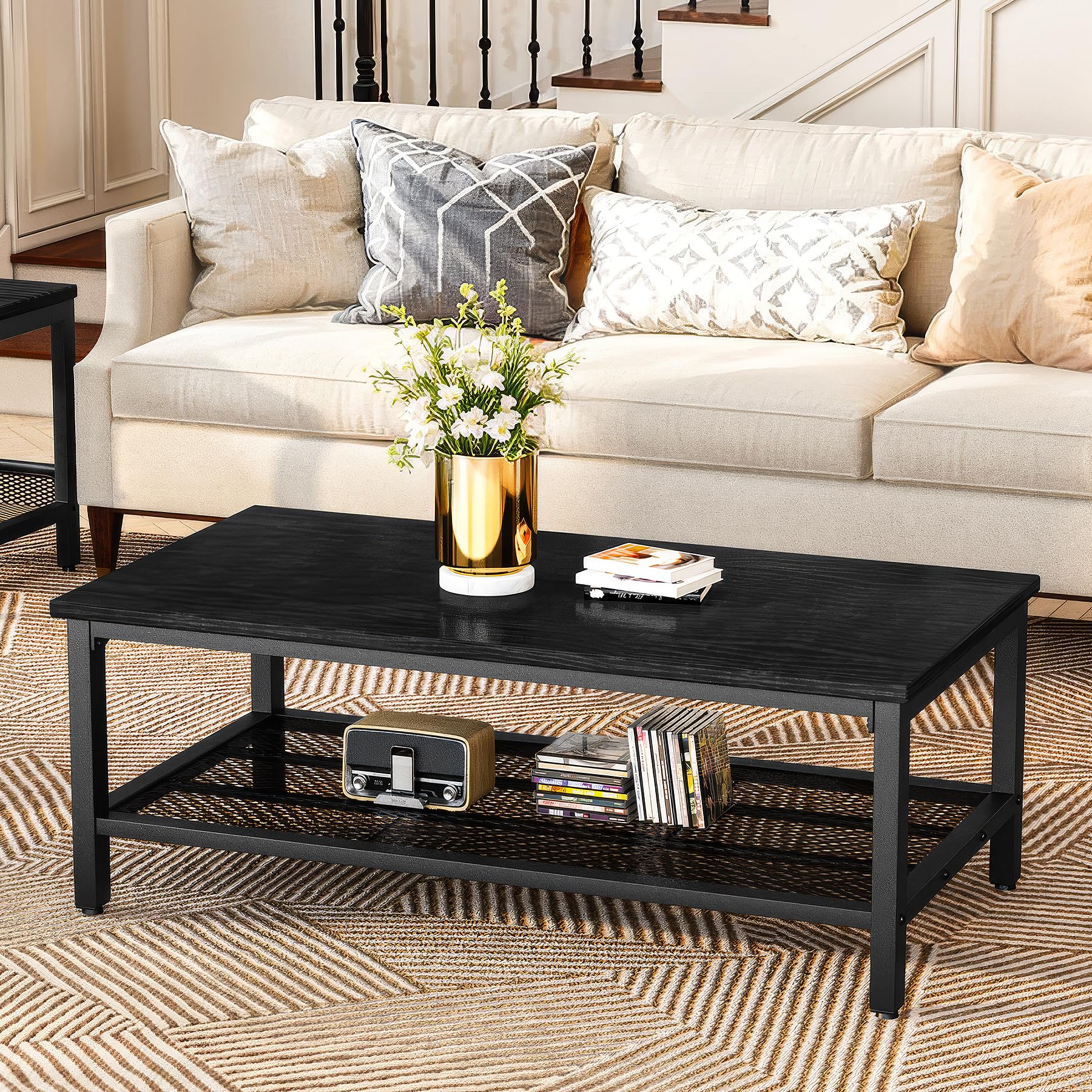 Lamerge 3 Pieces Living Room Table Set, Industrial Coffee Table with 2 Square End Side Tables, Coffee Table Set with Metal Frame for Apartment Home Office