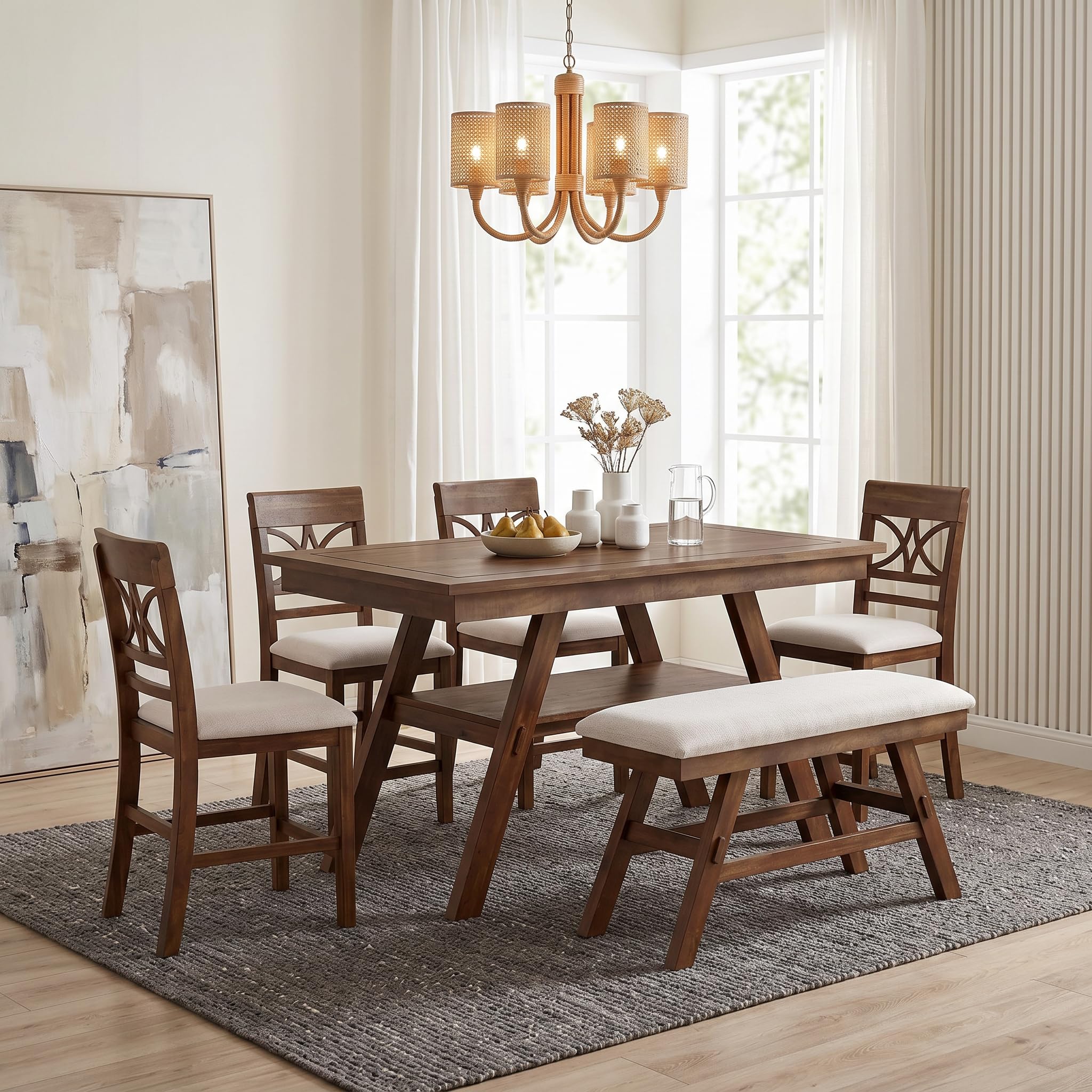 XD Designs 6-Piece Farmhouse Dining Set with Bench & Chairs