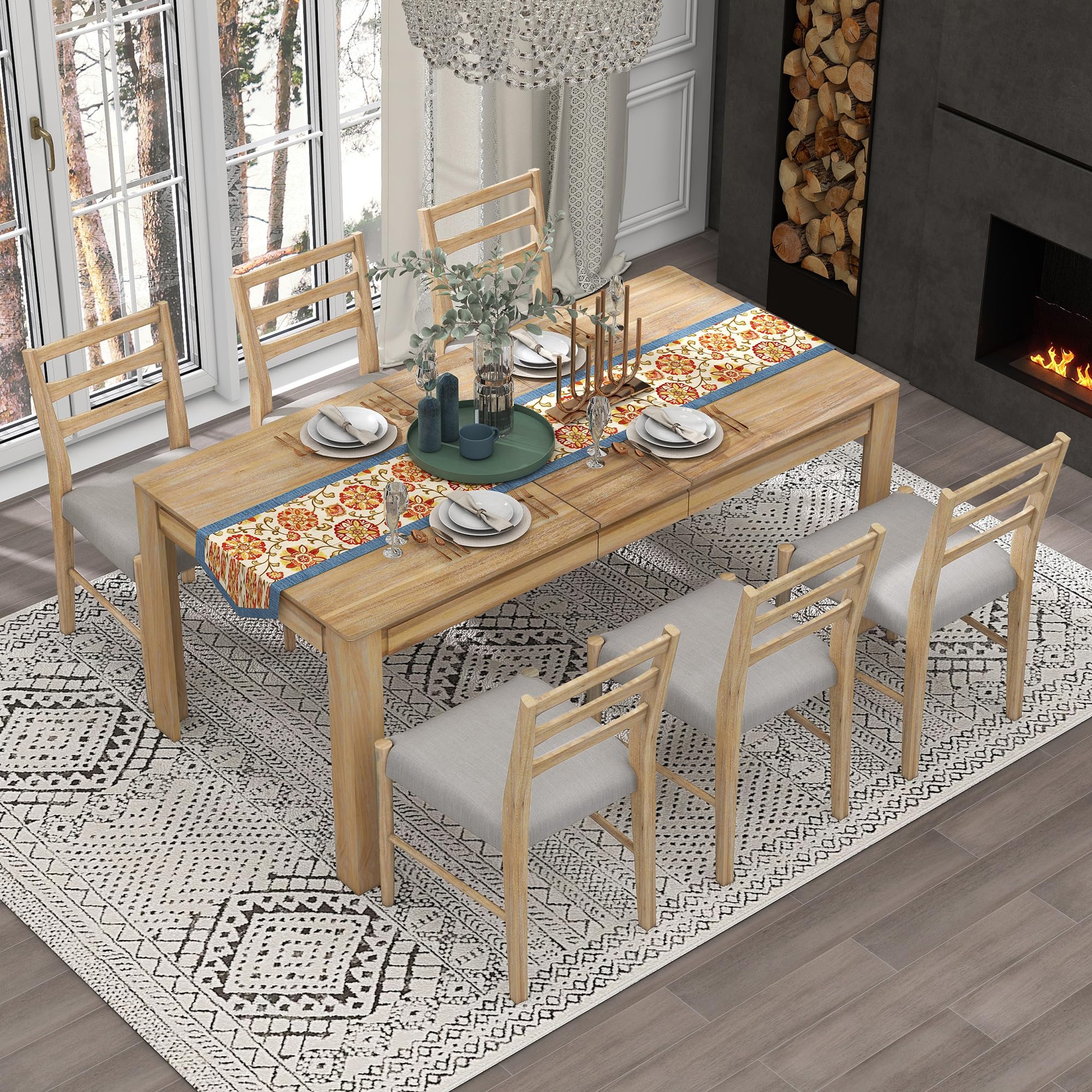 XD Designs 6-Piece Farmhouse Dining Set with Bench & Chairs
