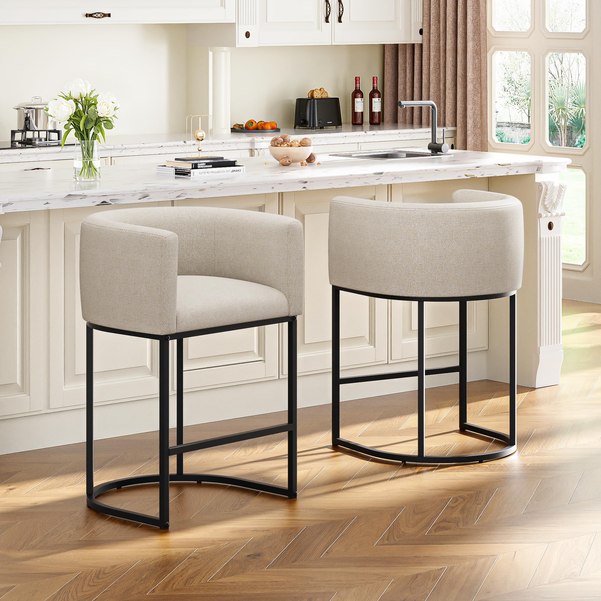 VATROS 26" H Counter Height Bar Stools, Modern Barrel Counter Stools with Backrest and Arms, Faux Leather Upholstered Accent Barstools for Kitchen Island,Support 450 LBS