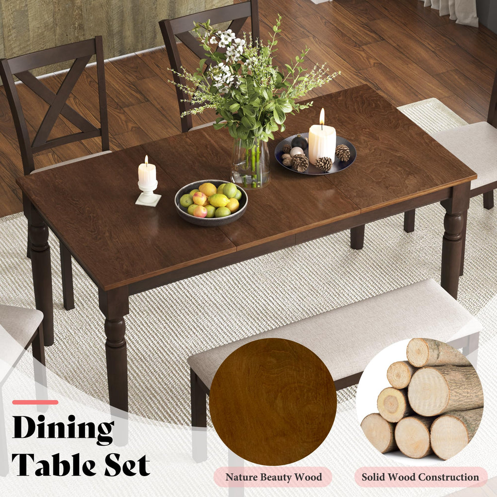 AMERLIFE 6-Piece Farmhouse Dining Table Set,Solid Wood Table with 4 Upholstered Chairs and Bench, Comfortable Seating for 6, for Kitchen or Dining Room