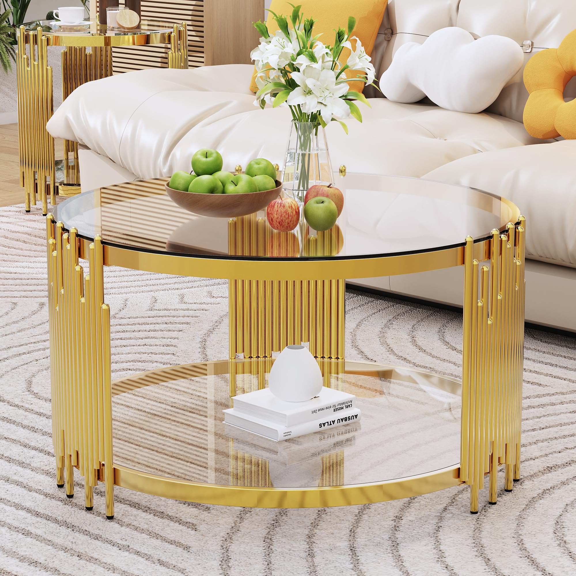 Sybrioka Luxury Gold Round Glass Coffee Table with Irregular Base