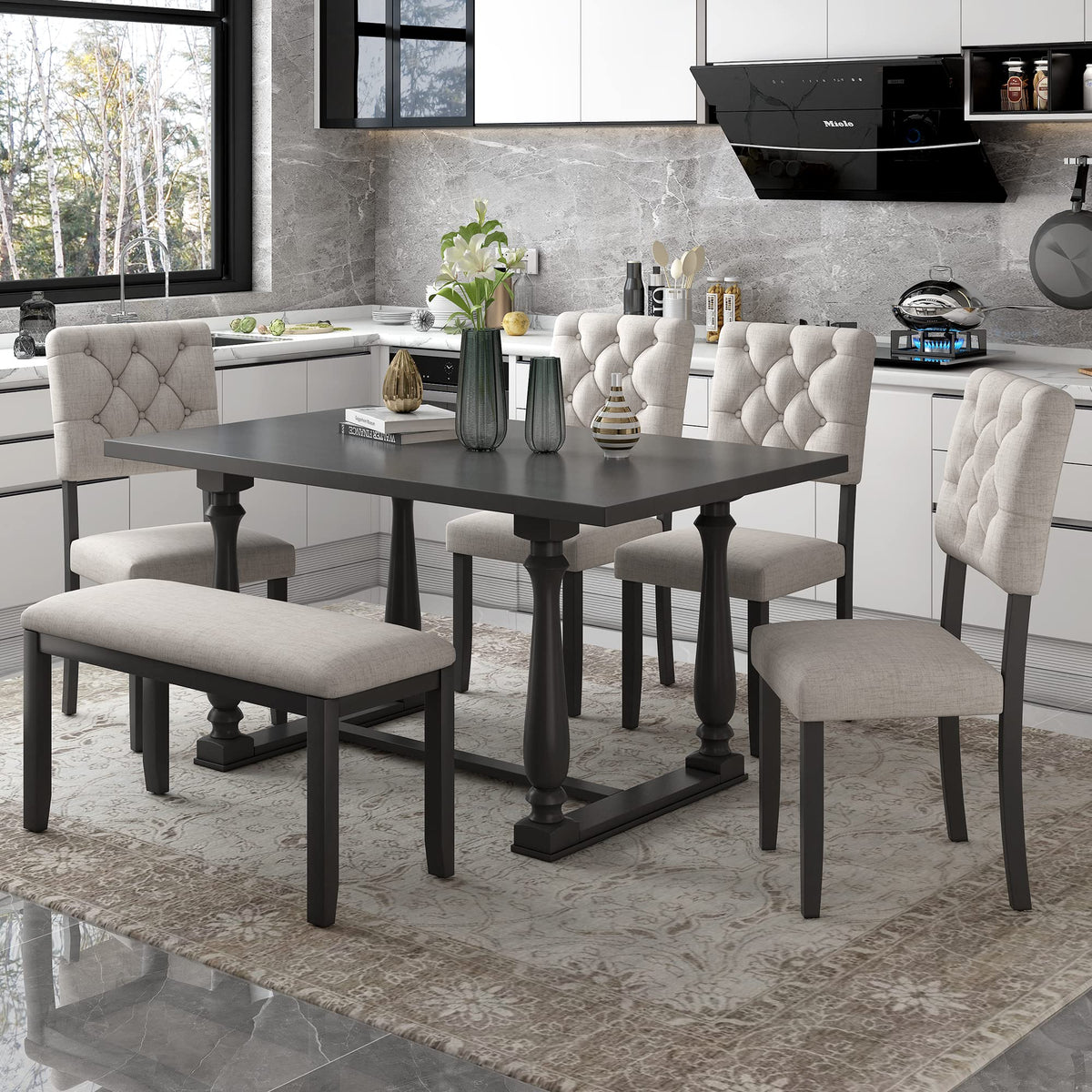 XD Designs 6-Piece Farmhouse Dining Set with Bench & Chairs