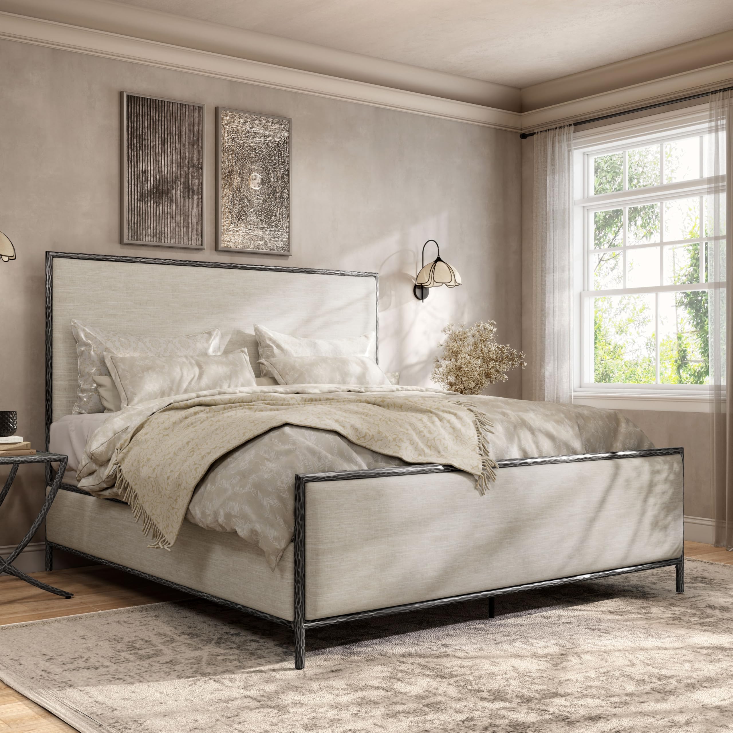 Lalia Hammered Metal Bed with Beige Upholstered Headboard