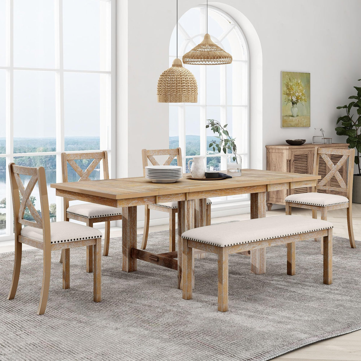XD Designs 6-Piece Farmhouse Dining Set with Bench & Chairs