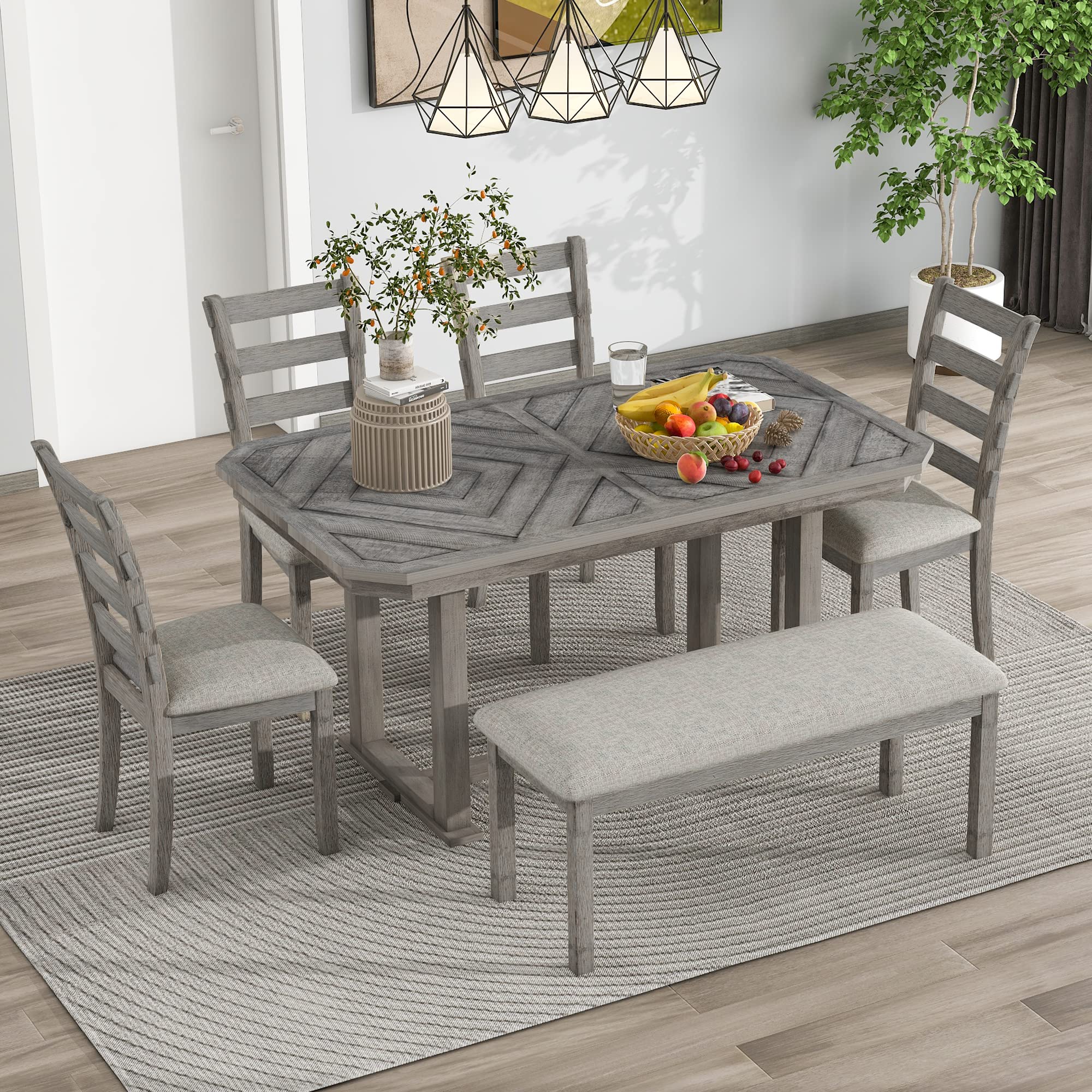 XD Designs 6-Piece Farmhouse Dining Set with Bench & Chairs