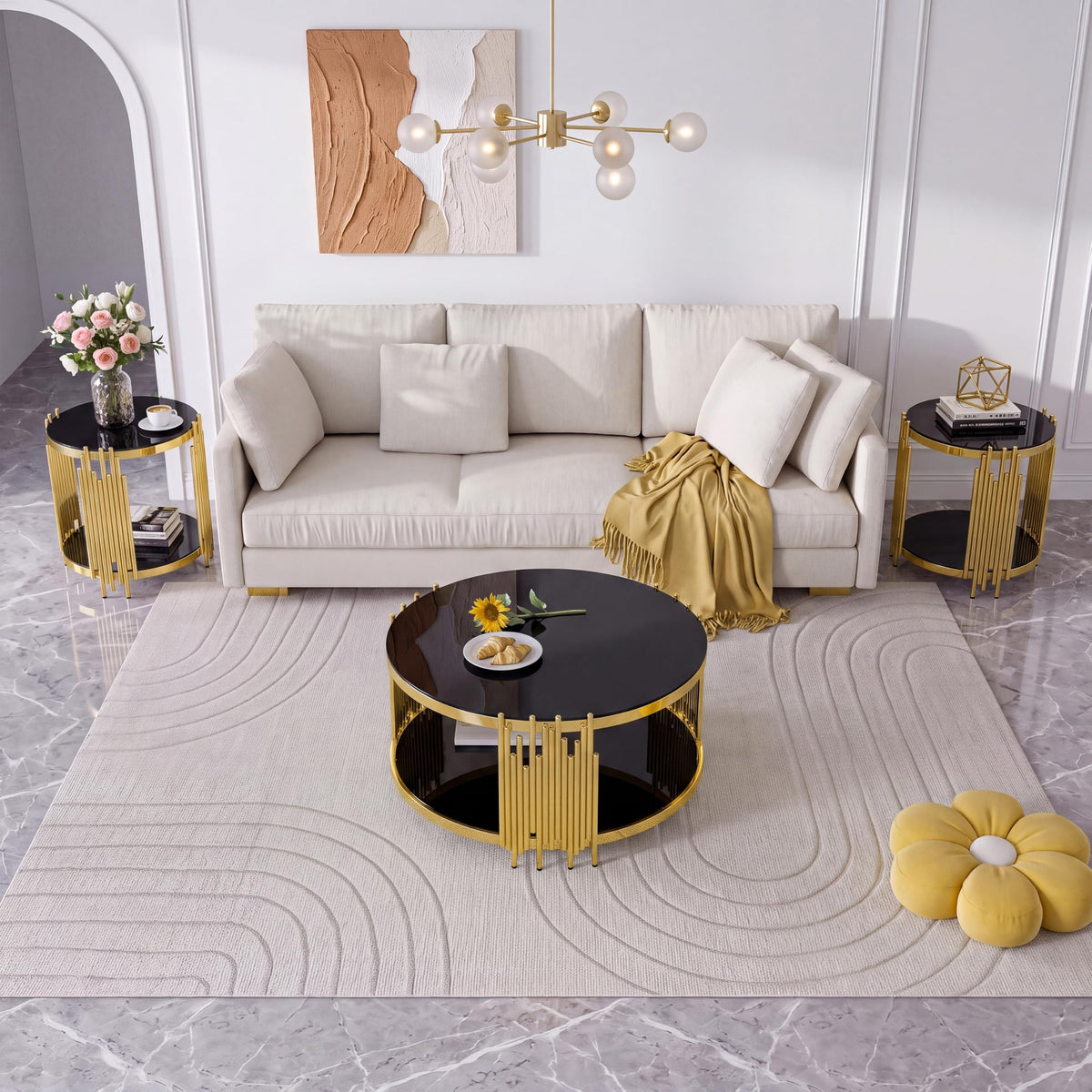 Sybrioka Luxury Gold Round Glass Coffee Table with Irregular Base
