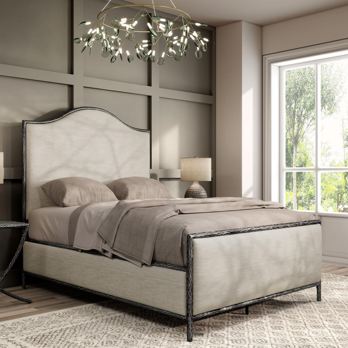 Lalia Hammered Metal Bed with Beige Upholstered Headboard