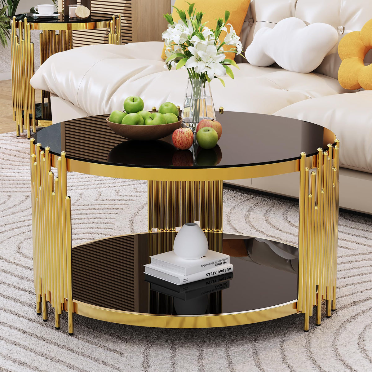 Sybrioka Luxury Gold Round Glass Coffee Table with Irregular Base