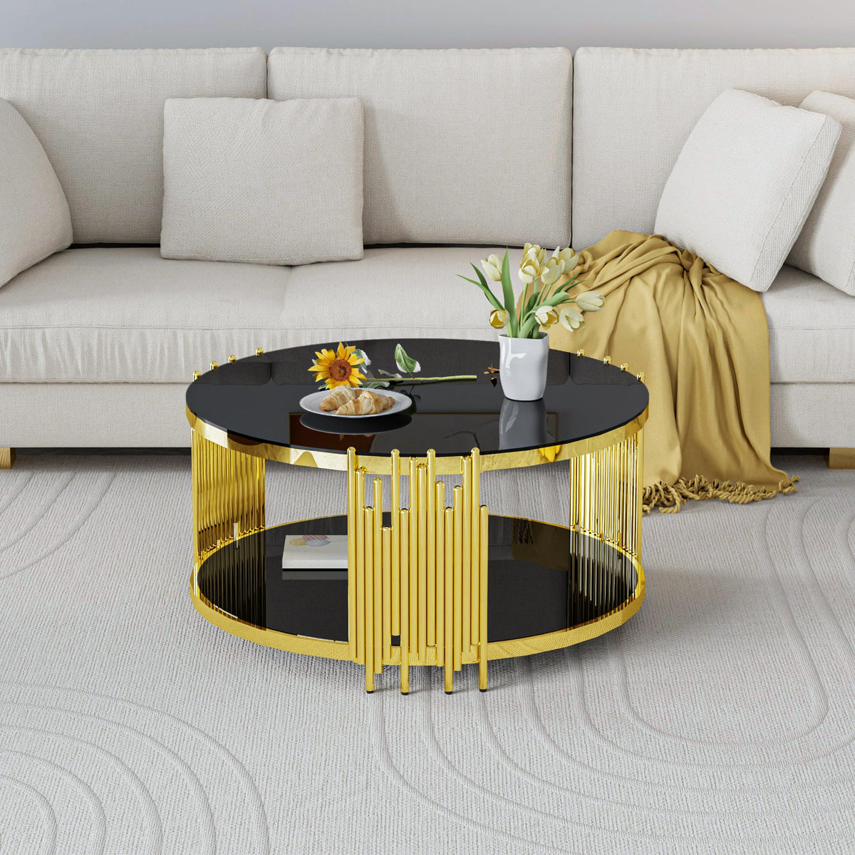 Sybrioka Luxury Gold Round Glass Coffee Table with Irregular Base