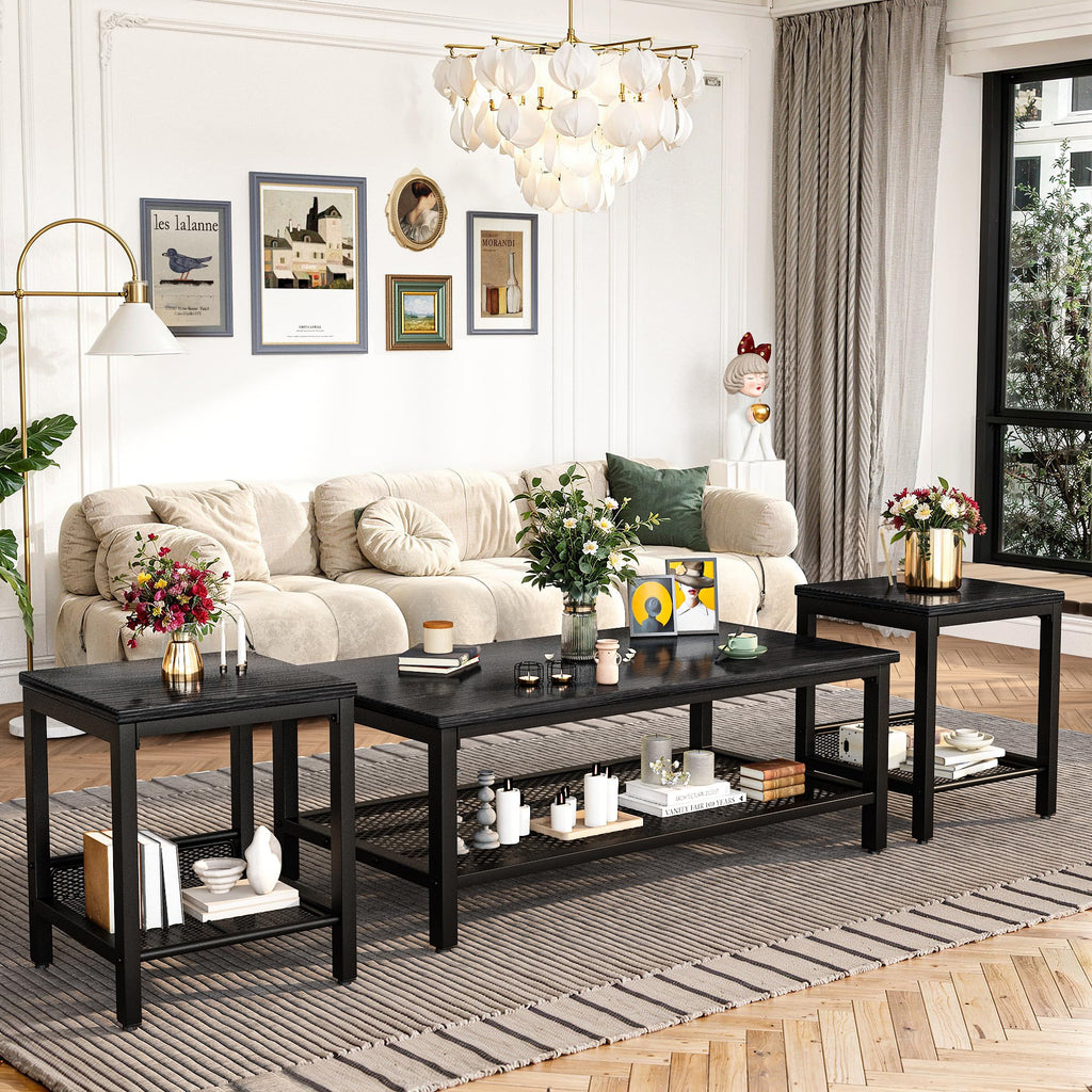 Lamerge 3 Pieces Living Room Table Set, Industrial Coffee Table with 2 Square End Side Tables, Coffee Table Set with Metal Frame for Apartment Home Office