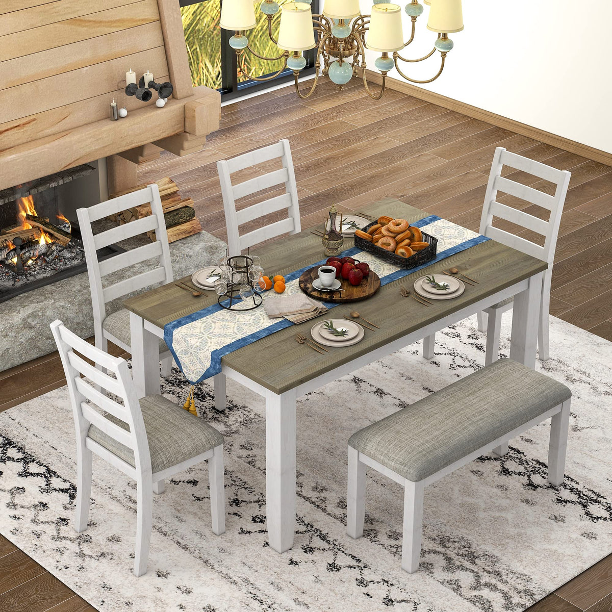 XD Designs 6-Piece Farmhouse Dining Set with Bench & Chairs