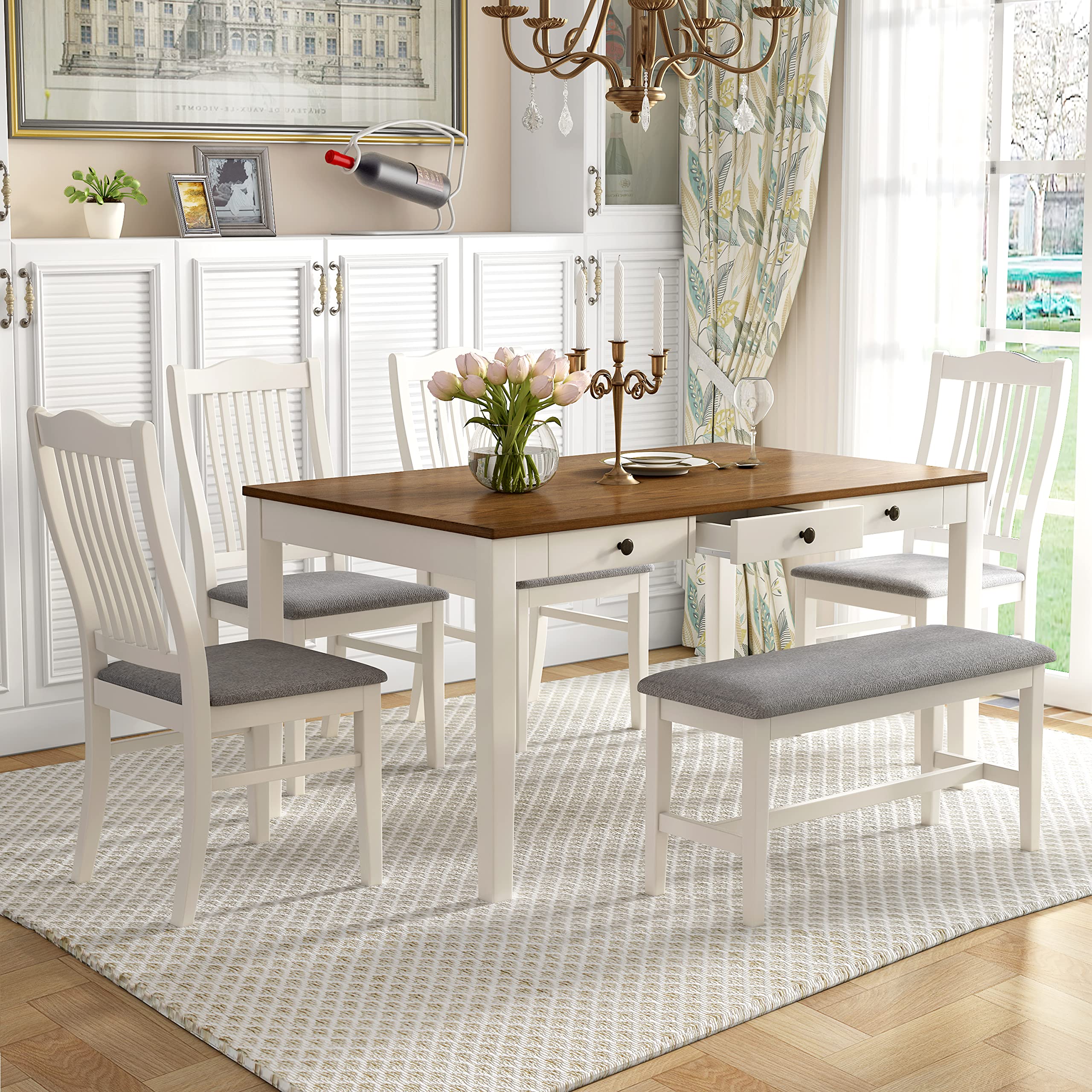 XD Designs 6-Piece Farmhouse Dining Set with Bench & Chairs