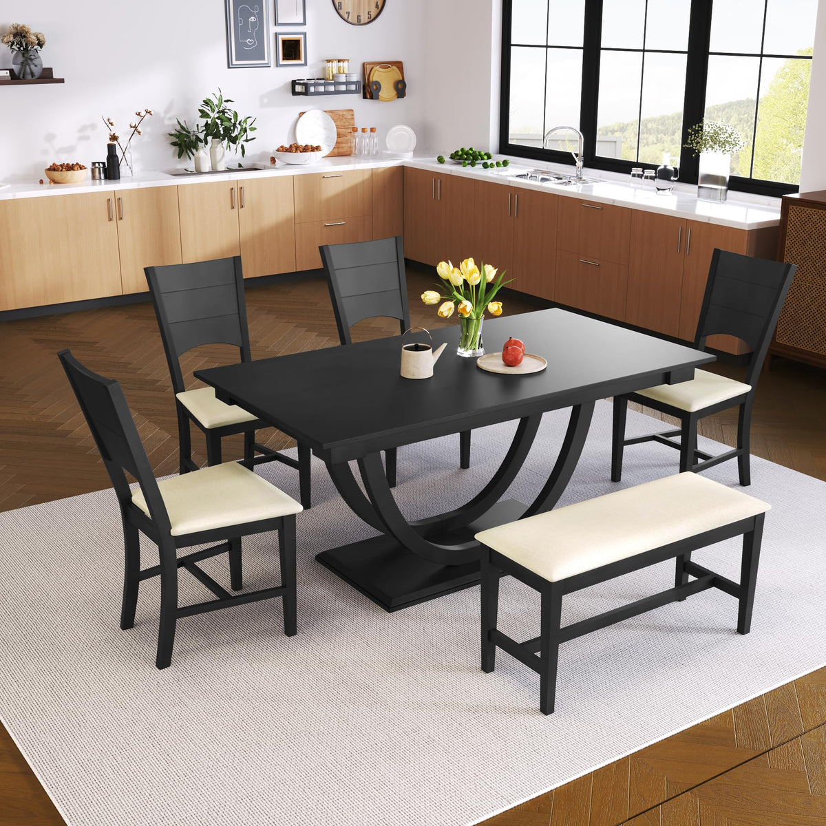 XD Designs 6-Piece Farmhouse Dining Set with Bench & Chairs