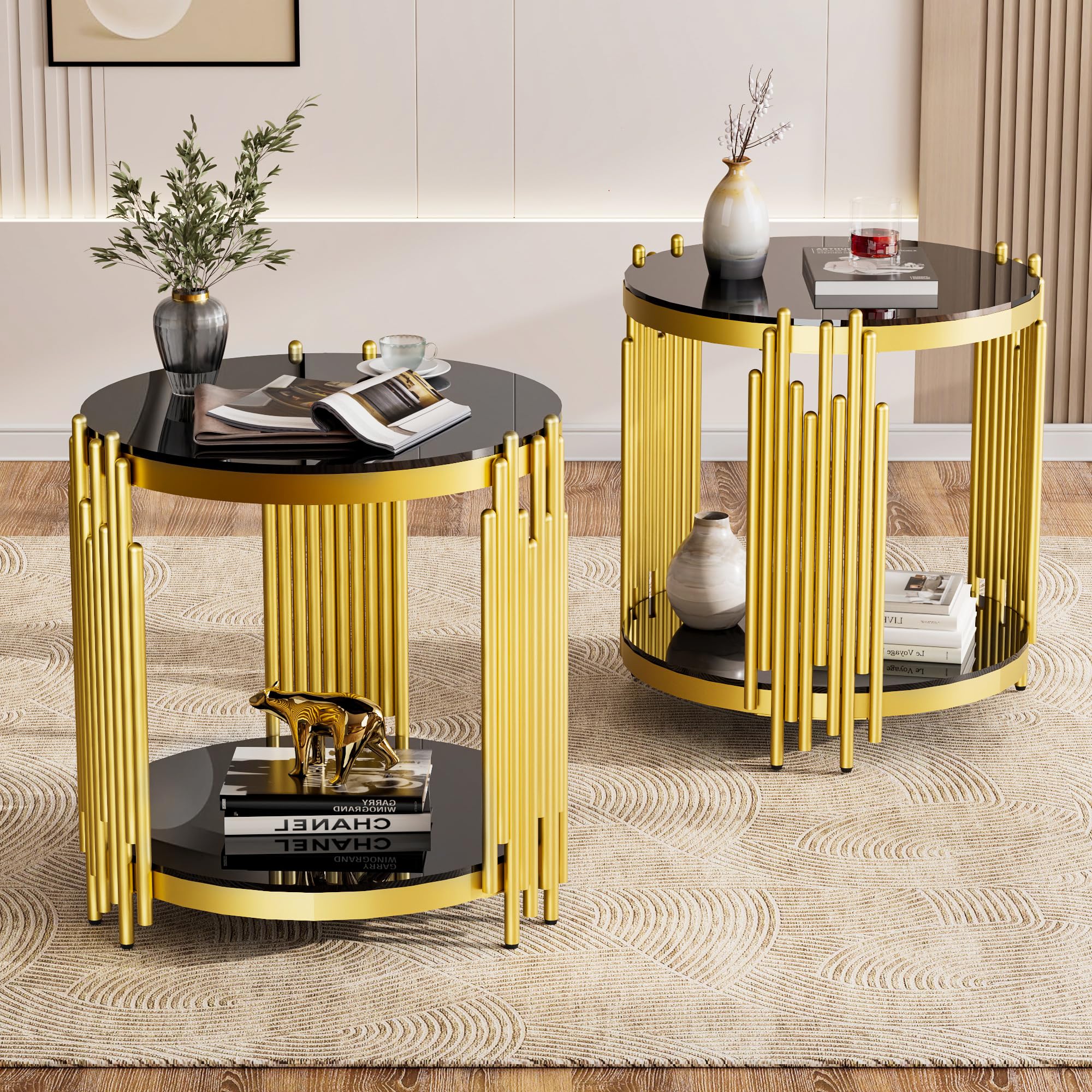 Sybrioka Luxury Gold Round Glass Coffee Table with Irregular Base