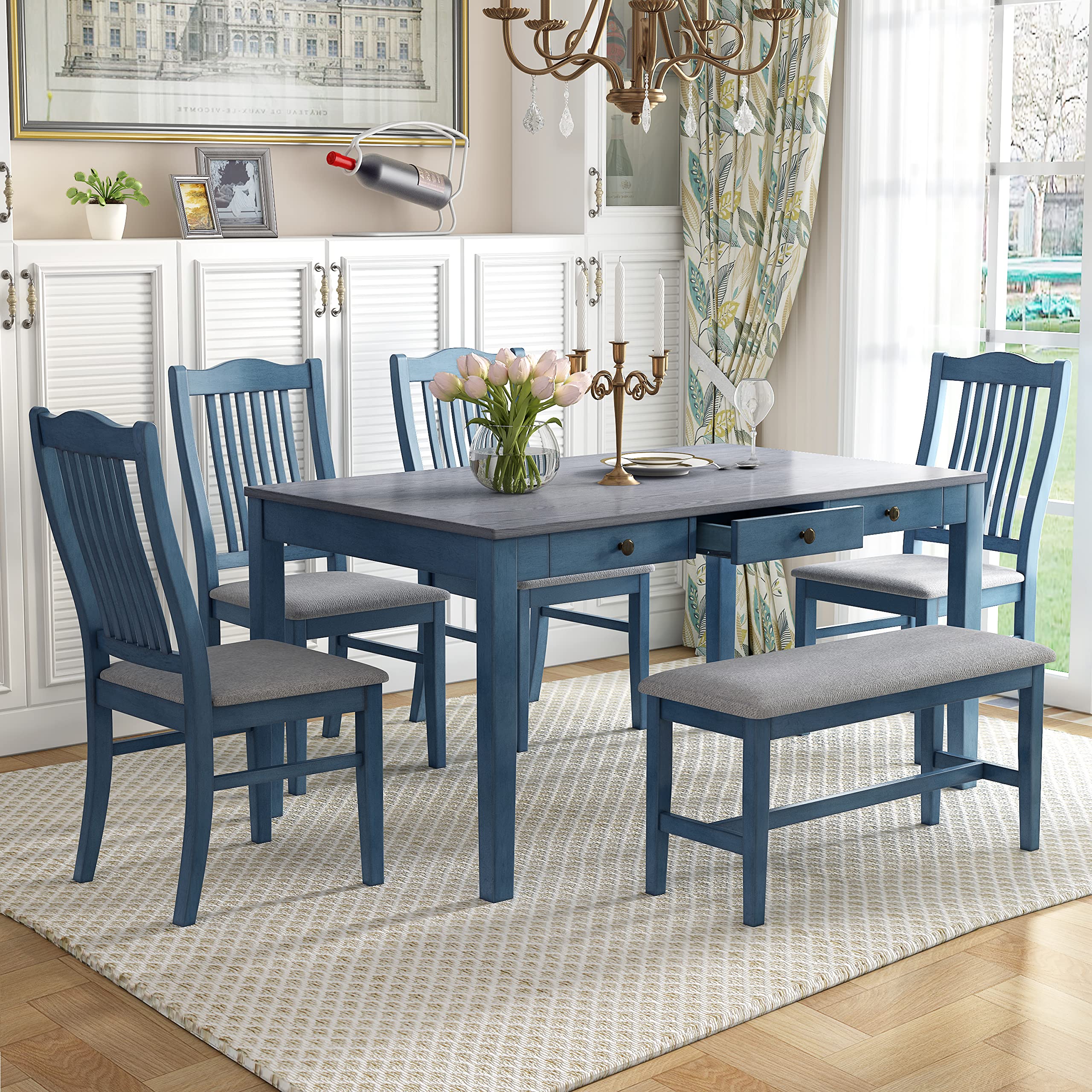 XD Designs 6-Piece Farmhouse Dining Set with Bench & Chairs