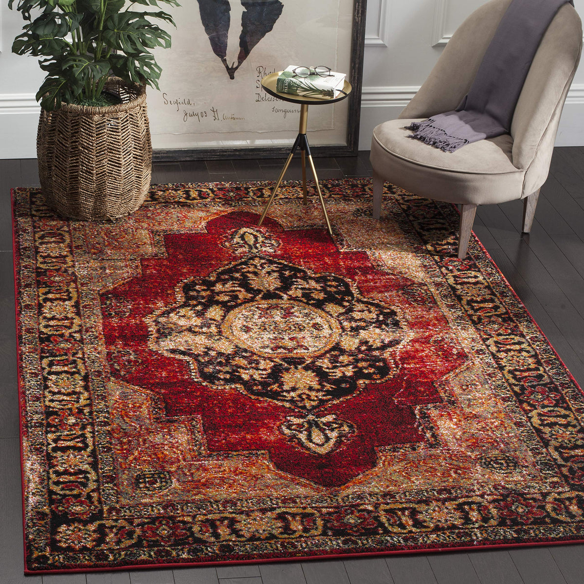 SAFAVIEH Vintage Hamadan Collection Area Rug - 10'6" x 14', Red & Multi, Oriental Traditional Persian Design, Non-Shedding & Easy Care, Ideal for High Traffic Areas in Living Room, Bedroom (VTH219A)