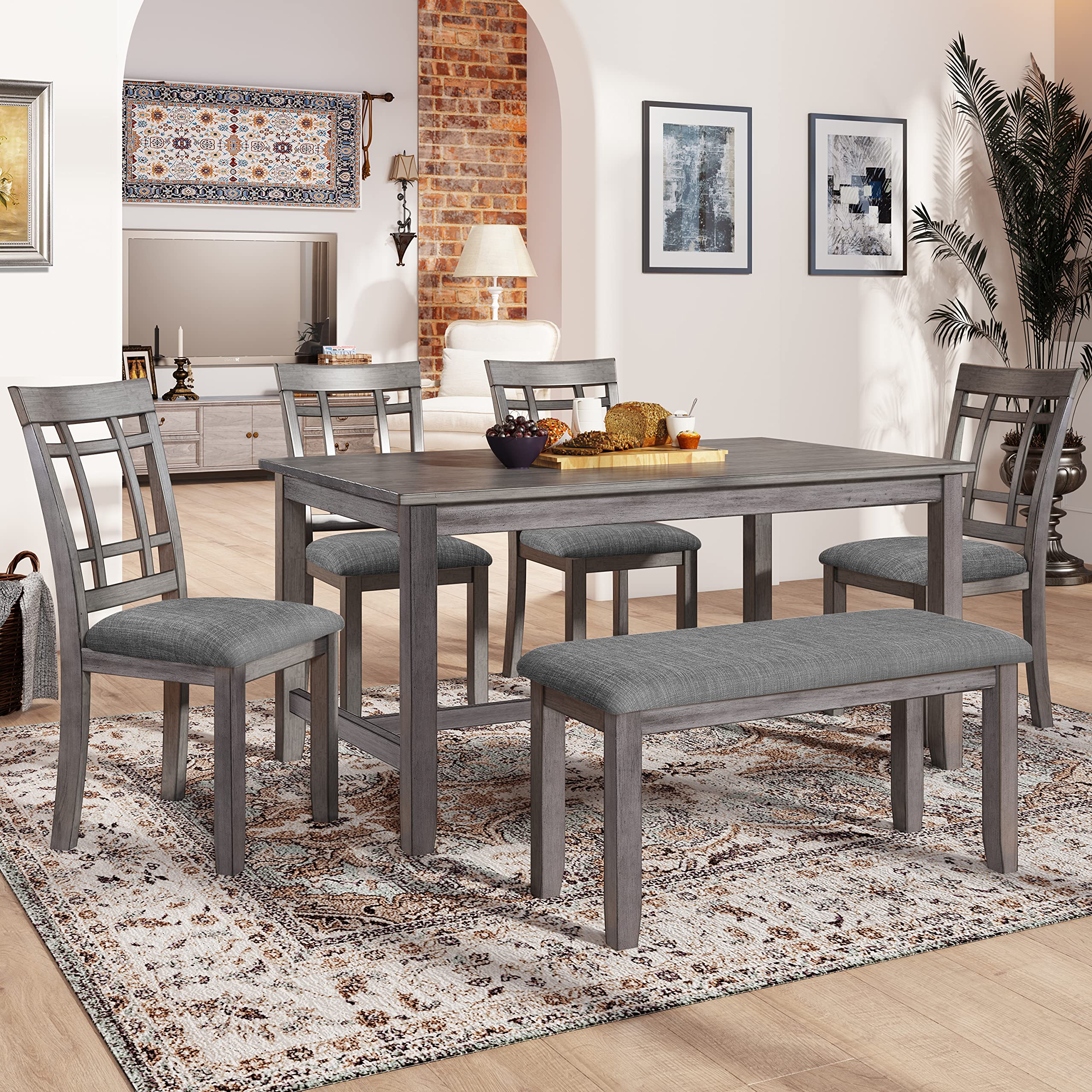 XD Designs 6-Piece Farmhouse Dining Set with Bench & Chairs